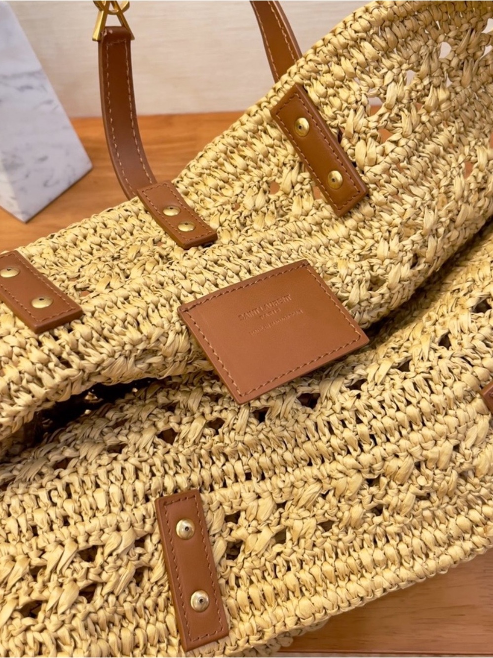 Saint Laurent Woven Straw Tote in Natural and Brown with Gold Hardware - Picture 8 of 8